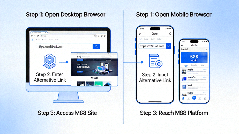 Ilustrasi langkah-langkah menggunakan link alternatif M88 di browser desktop dan mobile