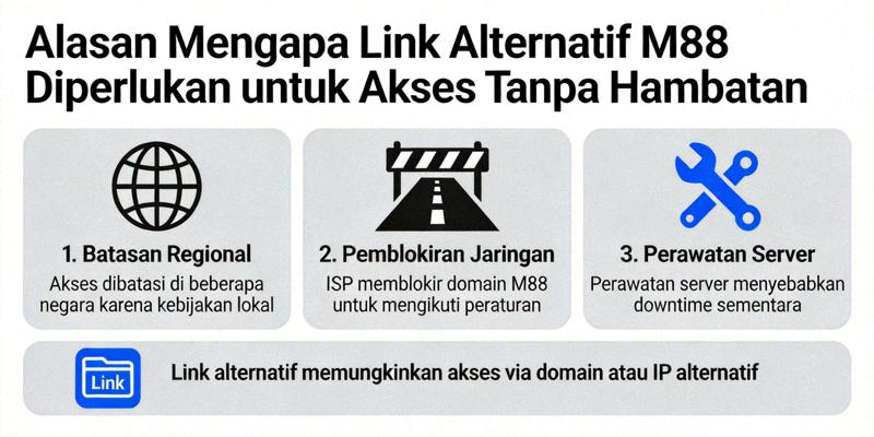Infografis yang menjelaskan alasan mengapa link alternatif M88 diperlukan untuk akses tanpa hambatan