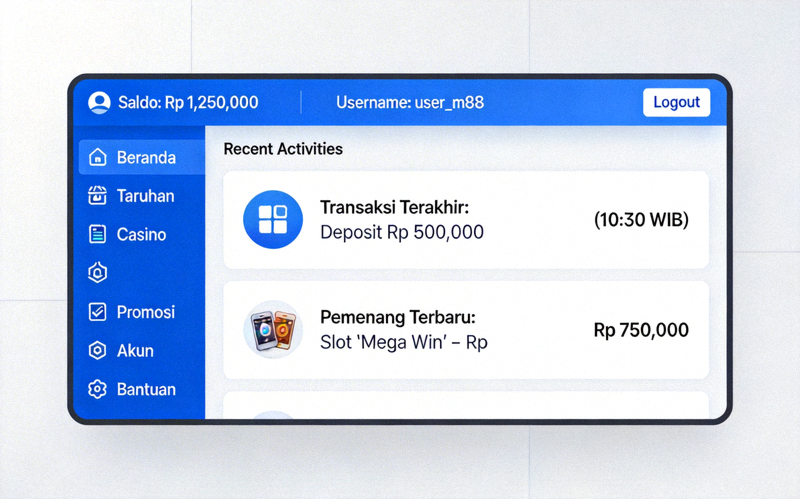 Tampilan dashboard akun M88 setelah login berhasil dengan menu navigasi lengkap