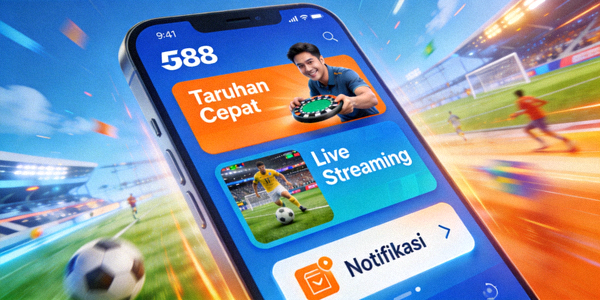 Animasi demonstrasi fitur-fitur unggulan M88 mobile seperti taruhan cepat, live streaming, dan notifikasi