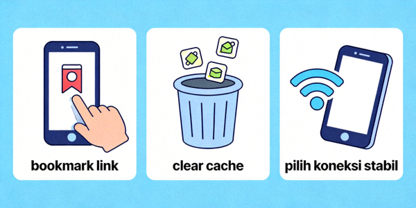 Animasi tips mengoptimalkan pengalaman M88 mobile seperti bookmark link, clear cache, dan pilih koneksi stabil