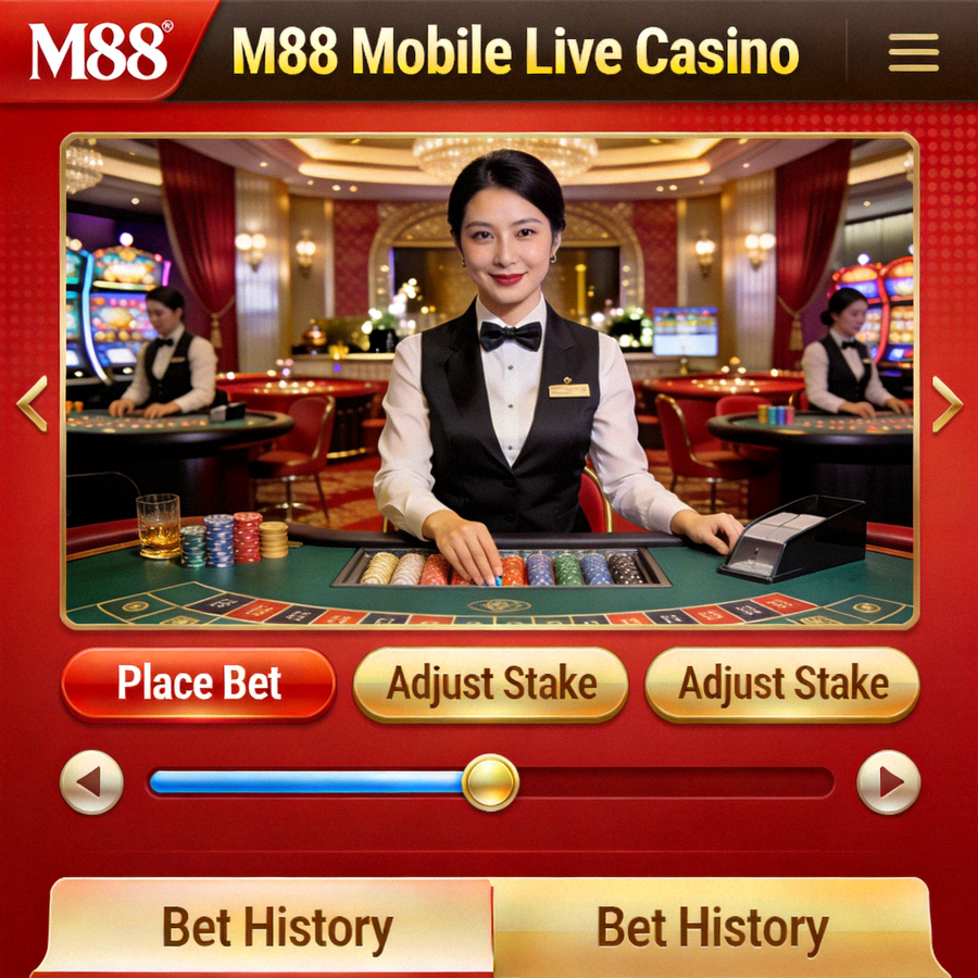 Halaman live casino mobile M88 dengan dealer langsung dan kontrol taruhan mudah